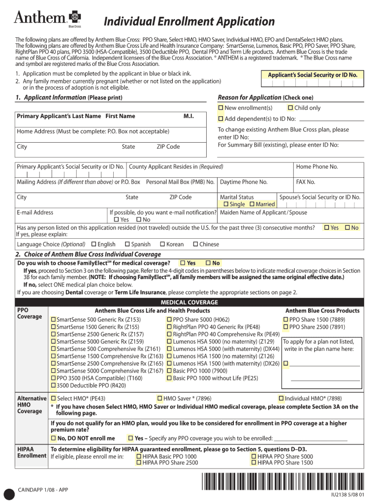 2008 Form Anthem CAINDAPP Fill Online Printable Fillable Blank