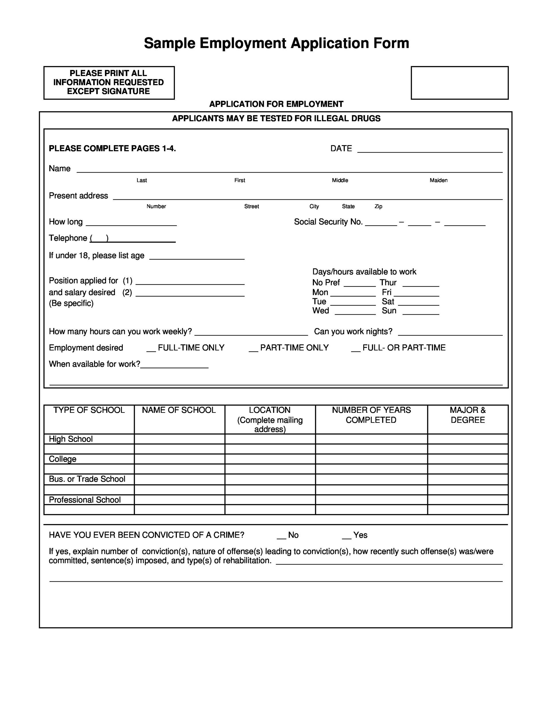 50 Free Employment Job Application Form Templates Printable