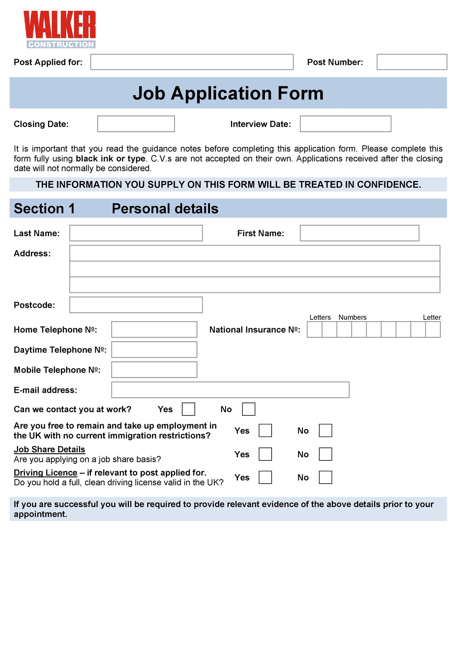 50 Free Employment Job Application Form Templates Printable