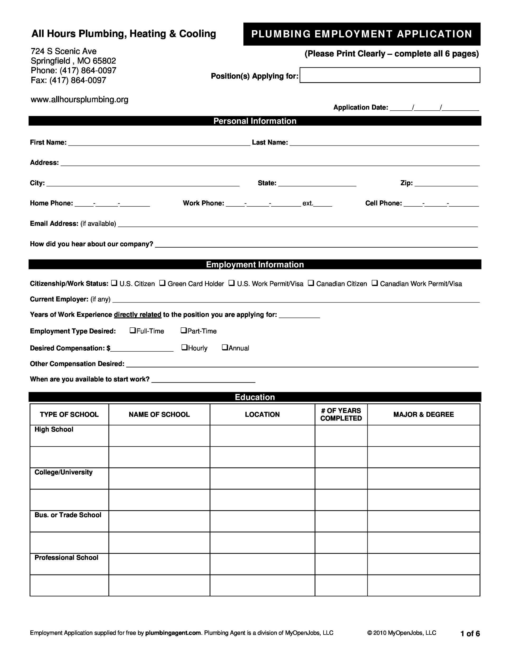 50 Free Employment Job Application Form Templates Printable