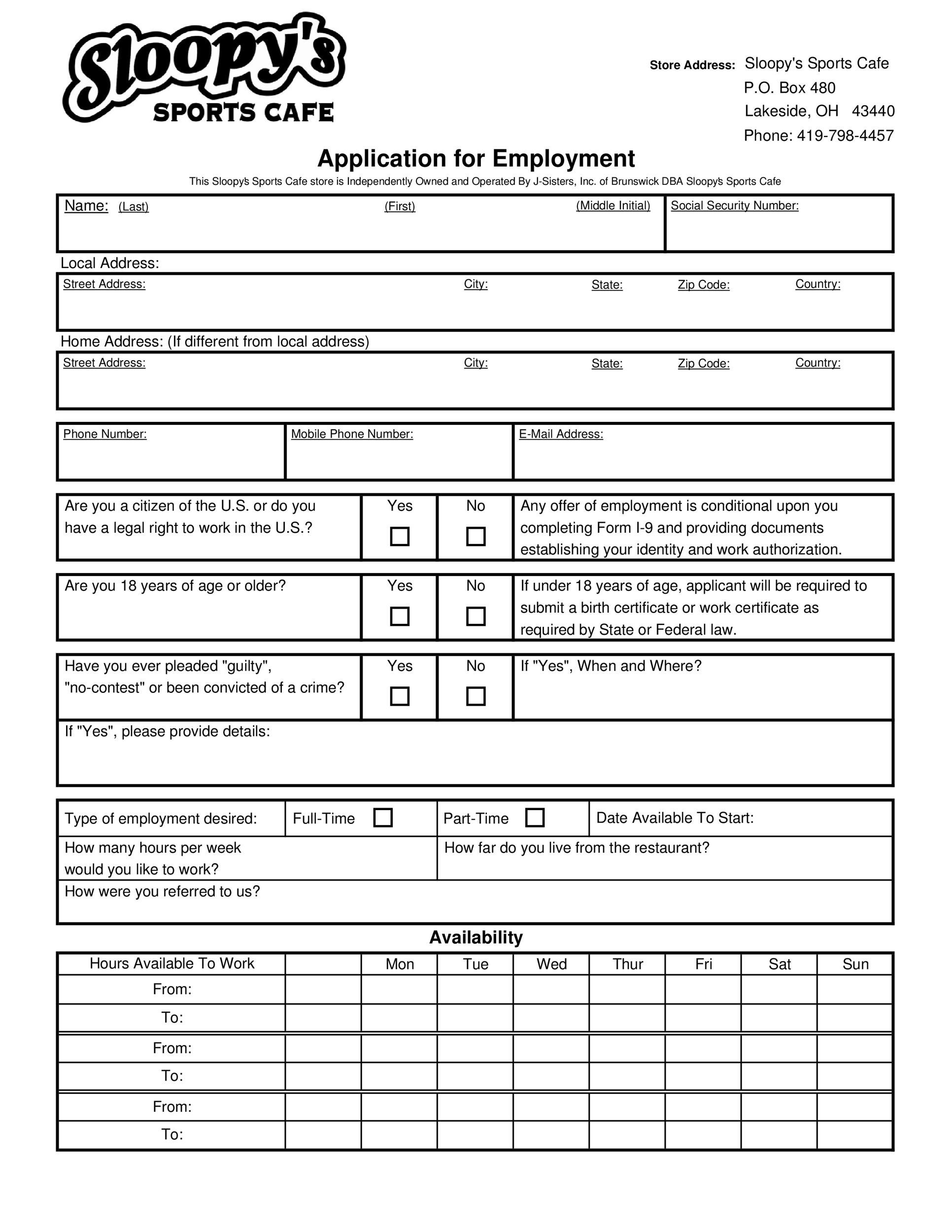 50 Free Employment Job Application Form Templates Printable