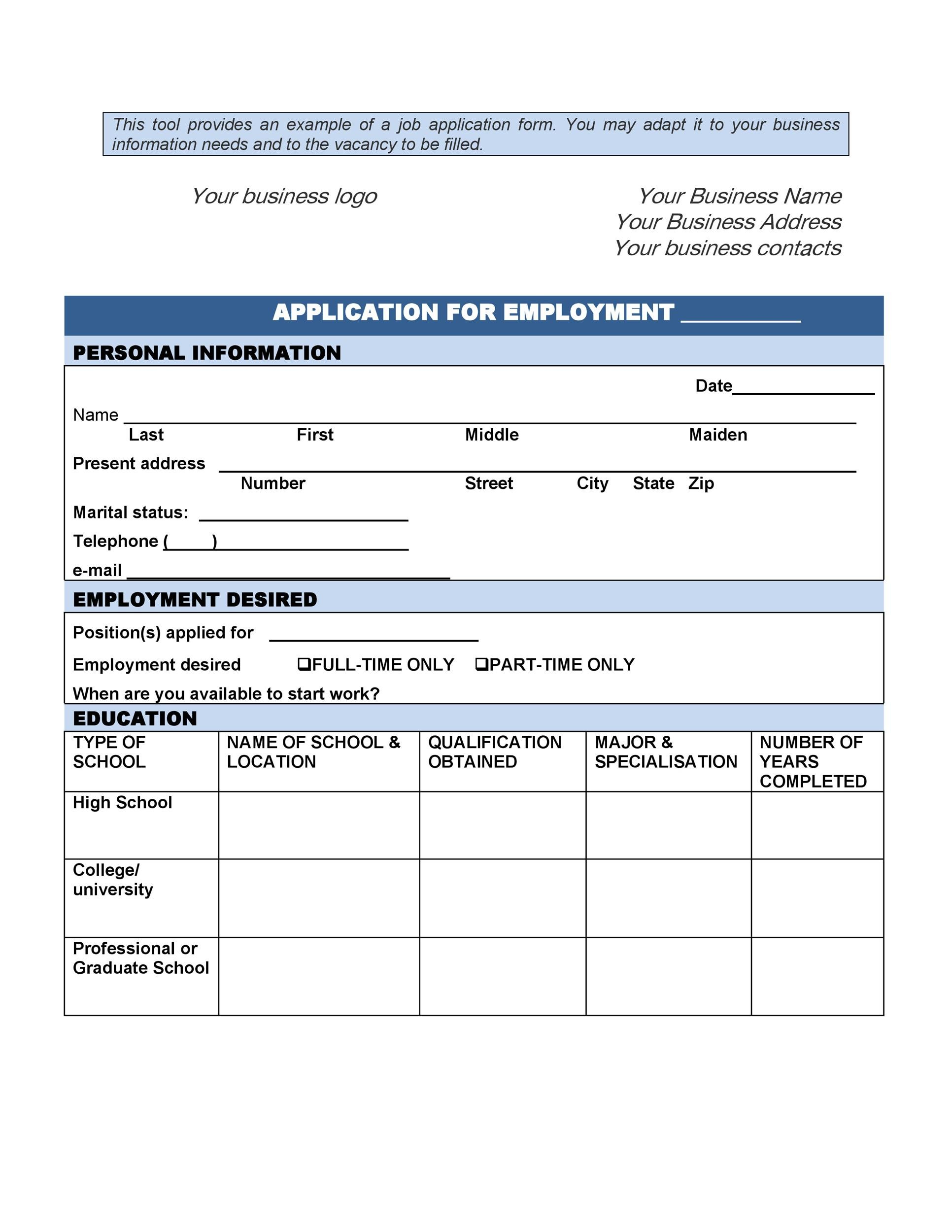 50 Free Employment Job Application Form Templates Printable