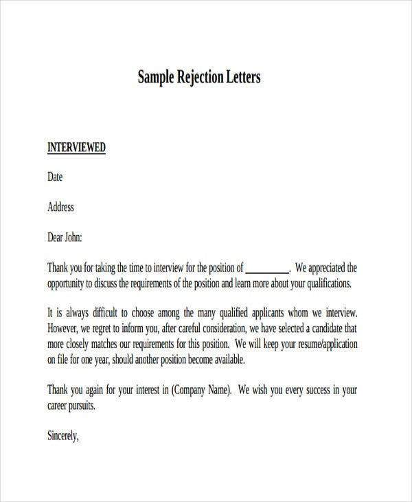 9 Sample Job Applicant Rejection Letters Free Premium Templates