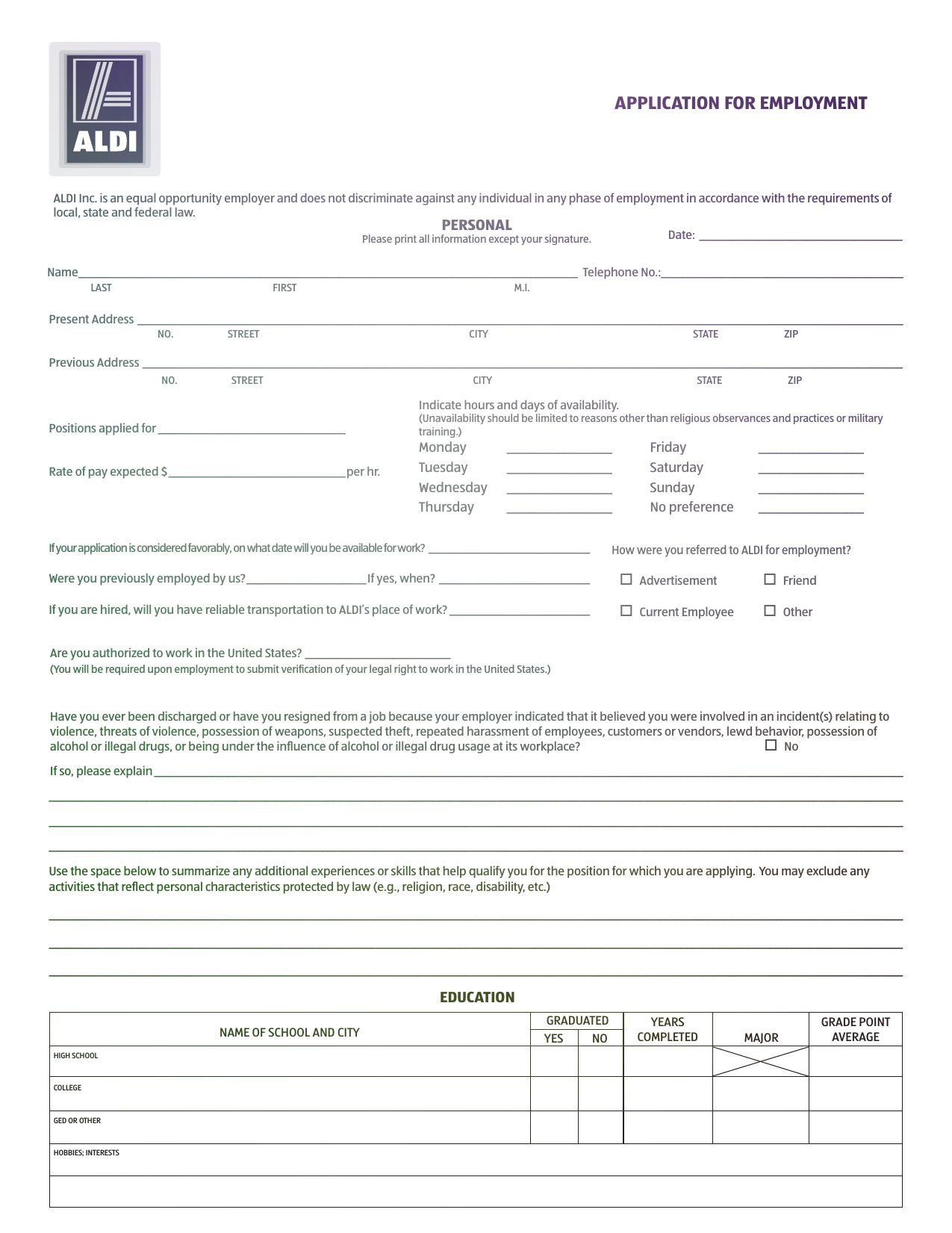 ALDI Application For Employment Employment Application Job