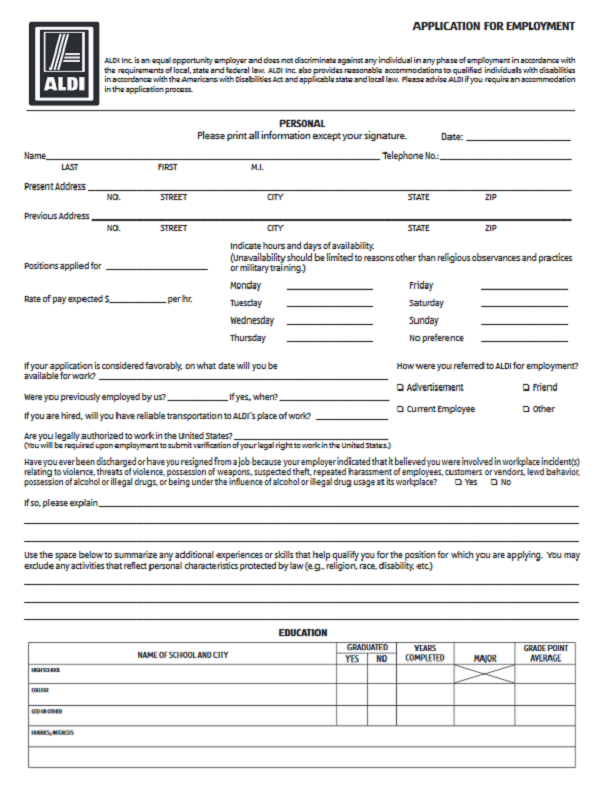 Aldi Job Application Form