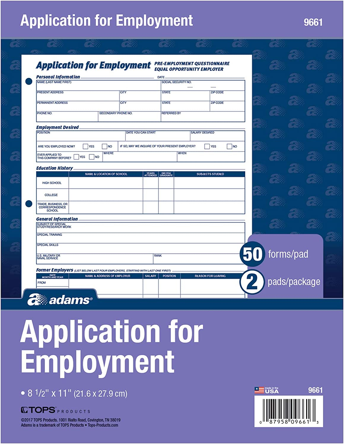 Amazon Adams Bilingual Employee Application 8 5 X 11 Inches