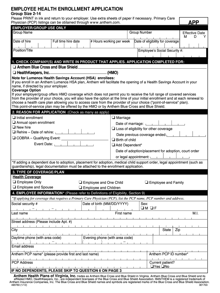 Anthem Employee Health Enrollment Application 2012 Fill And Sign