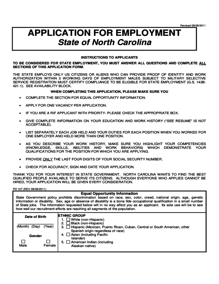 APPLICATION FOR EMPLOYMENT In State Of North Carolina Free Download