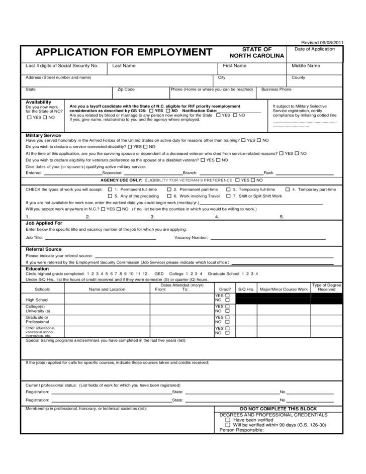 APPLICATION FOR EMPLOYMENT In State Of North Carolina Free Download