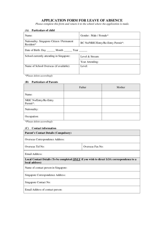 Application Form For Leave Of Absence Printable Pdf Download