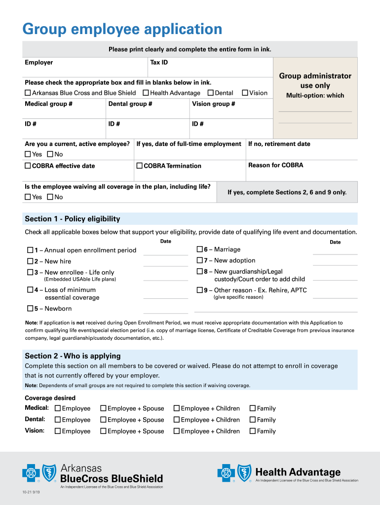 AR BCBS Group Employee Application 2019 2021 Fill And Sign Printable