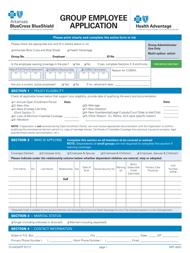 AR BCBS Group Employee Application 2019 Fill And Sign Printable