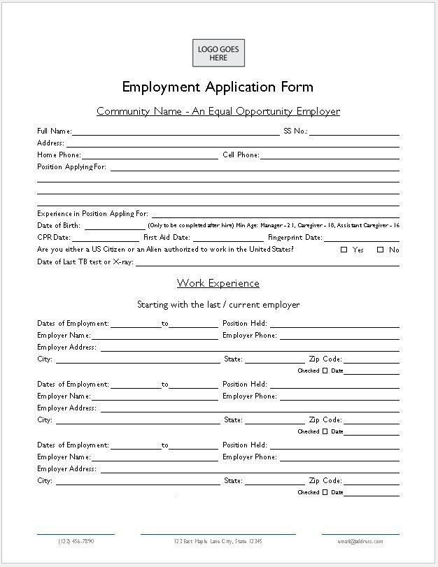 Assisted Living Employment Application Form Employeeapplicationform