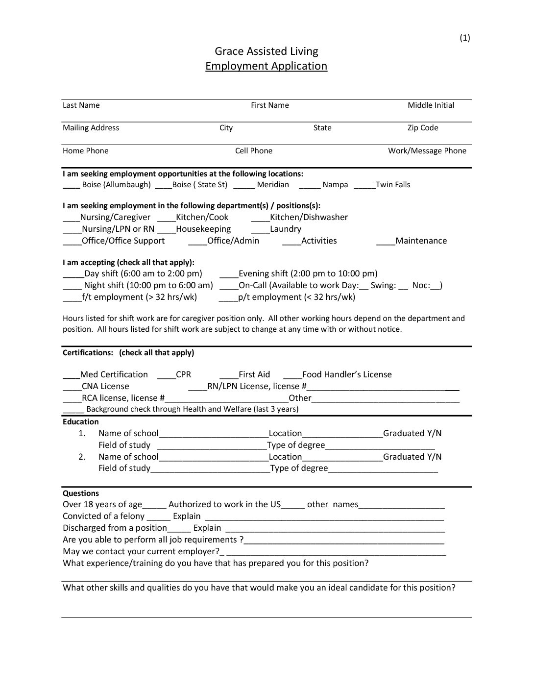 Assisted Living Employment Application Form Employeeapplicationform