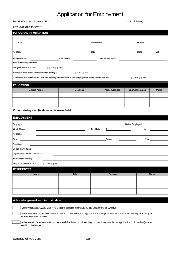 Blank Job Application Form Samples Download Free Forms Templates In 