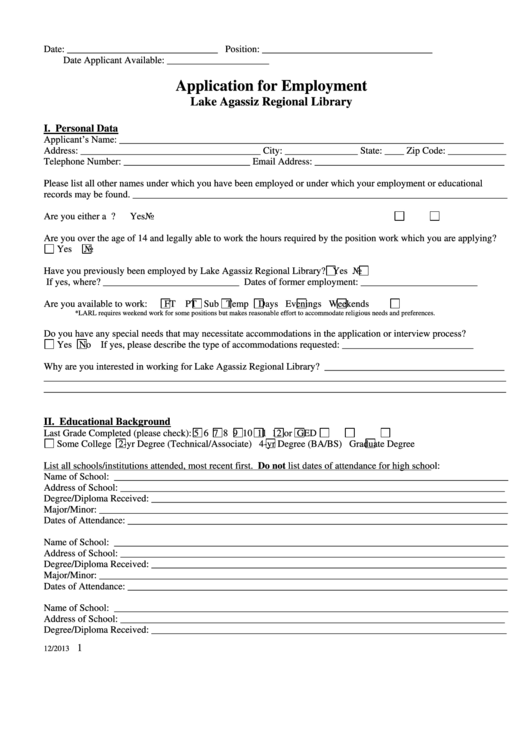 Calgary Public Library Employment Application Form 