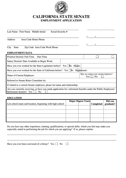 California State Senate Employment Application Form Printable Pdf Download