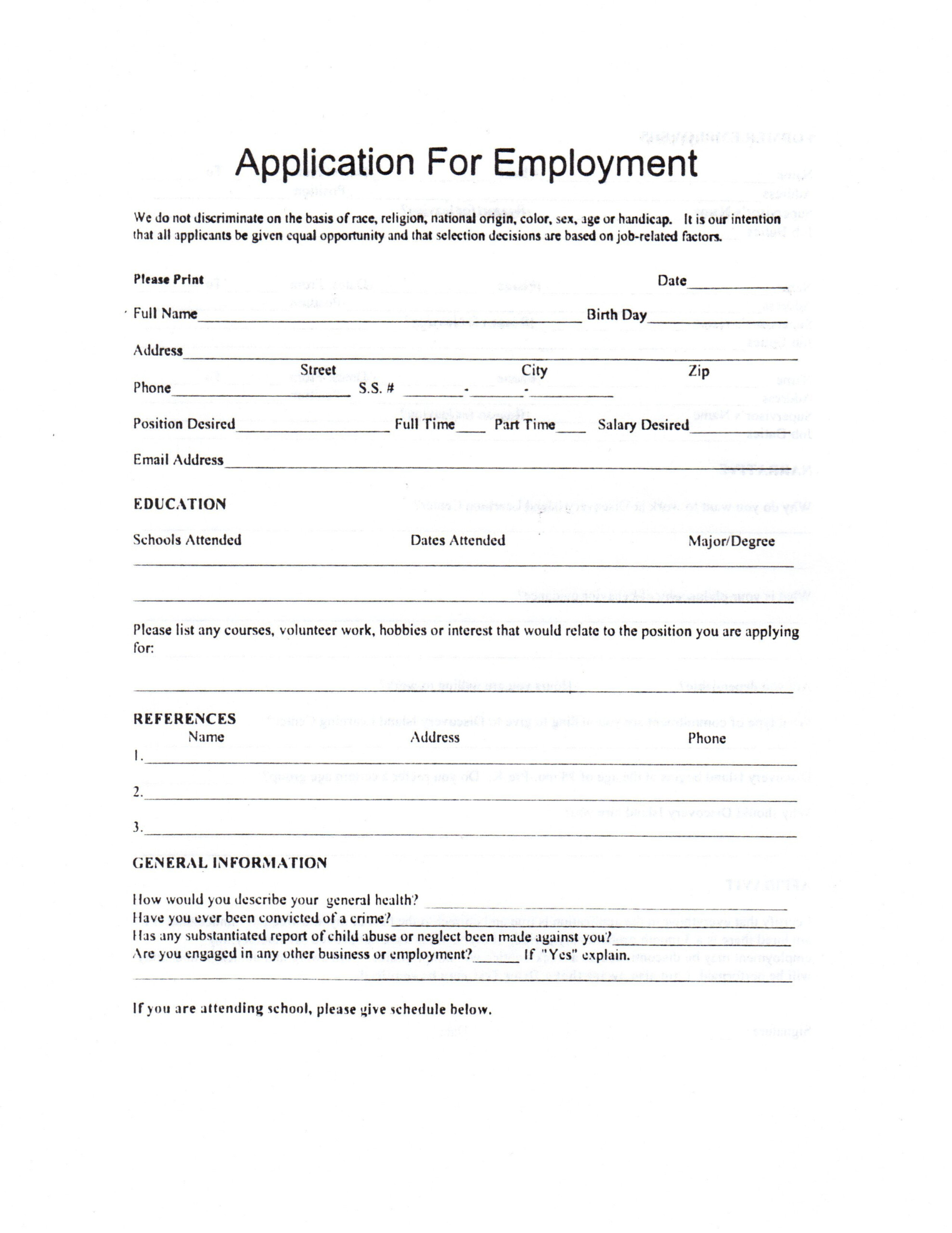 Child Care Employment Application Employment Application Employment