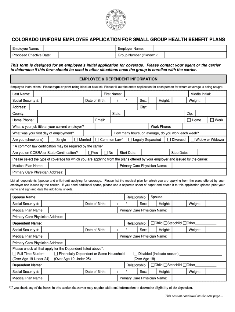 Colorado Dora Fillable Small Group Medical Fill Out And Sign