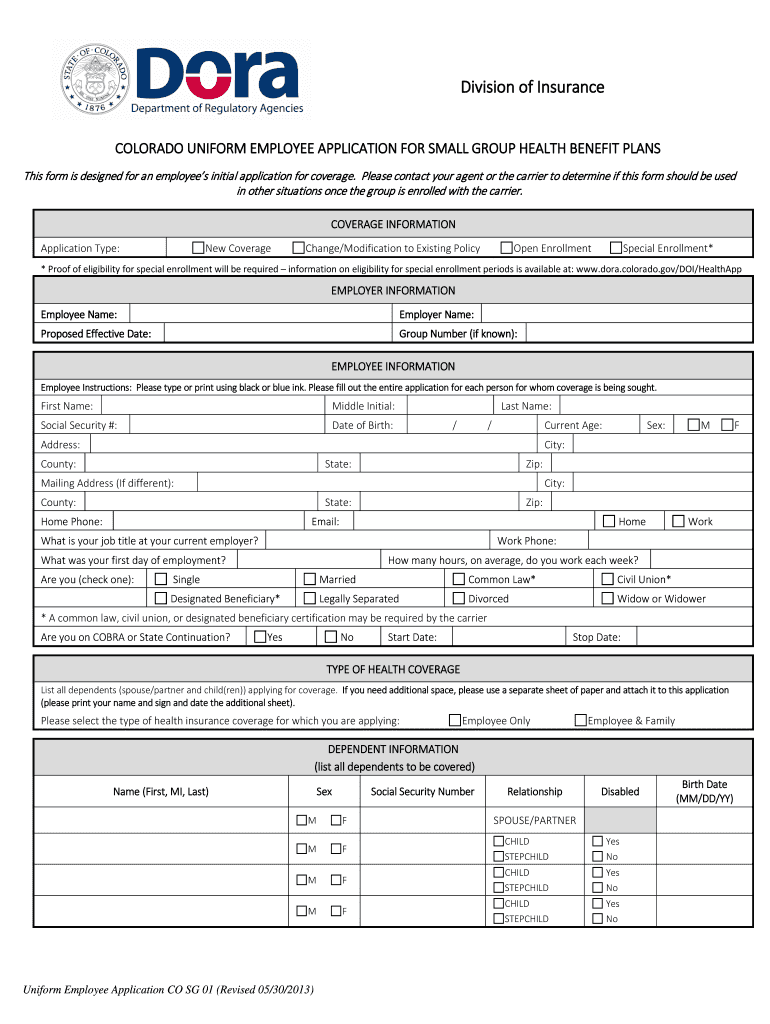 Colorado Uniform Employee Application For Small Group Health Benefit