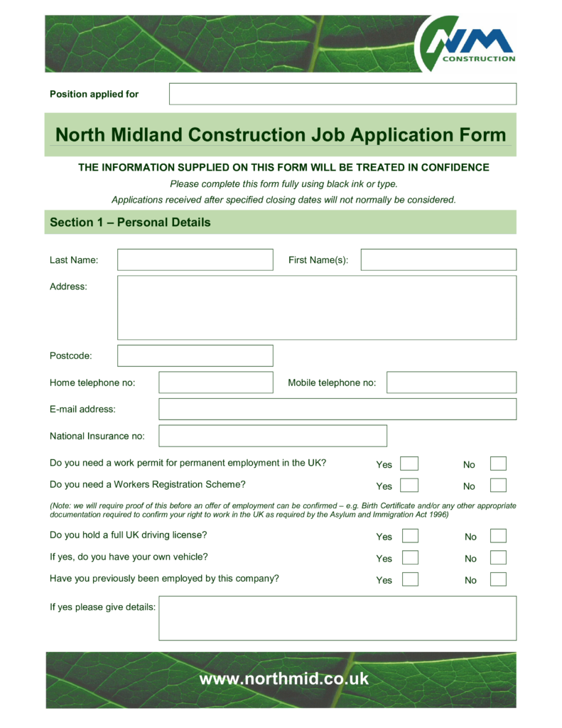 Construction Job Application Form Templates At Allbusinesstemplates