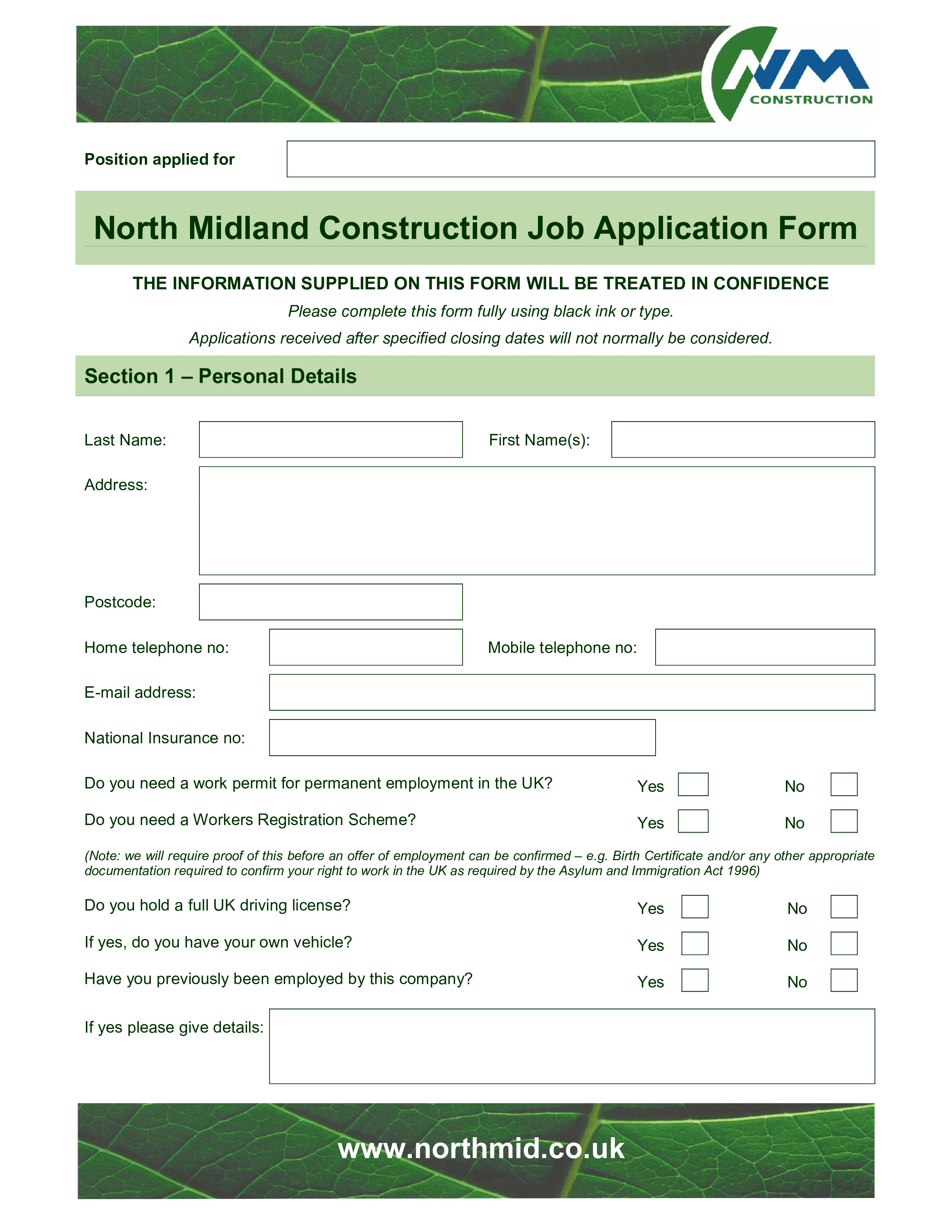 Construction Job Application Form Templates At Allbusinesstemplates