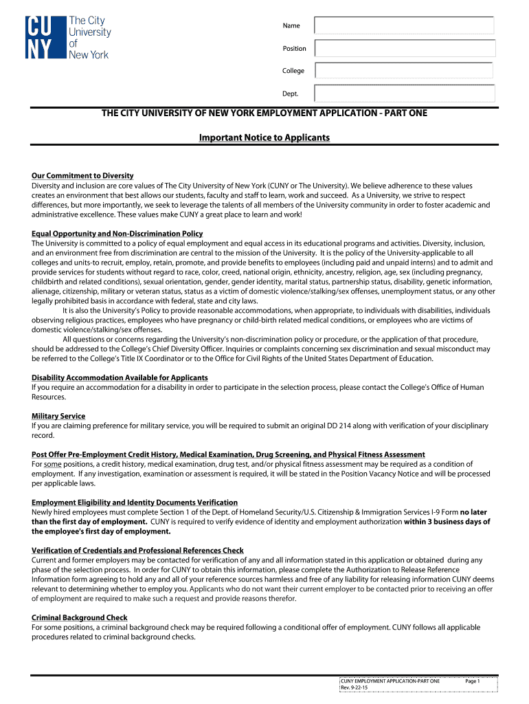 CUNY Employment Application Part One 2017 Fill And Sign Printable