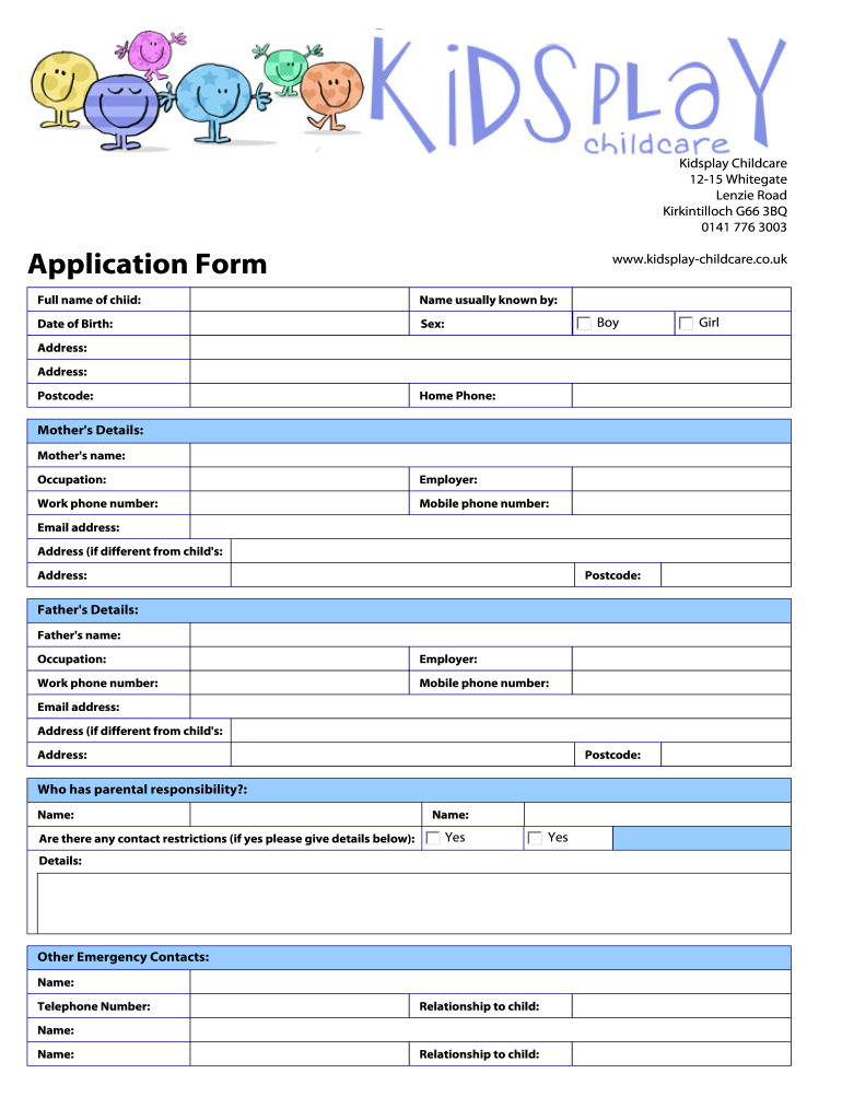 Daycare Application Form Fill Online Printable Fillable Blank