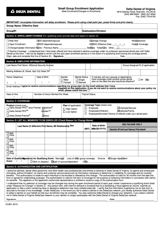 Delta Dental Small Group Enrollment Application Printable Pdf Download