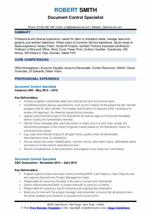 Document Control Specialist Resume Samples QwikResume