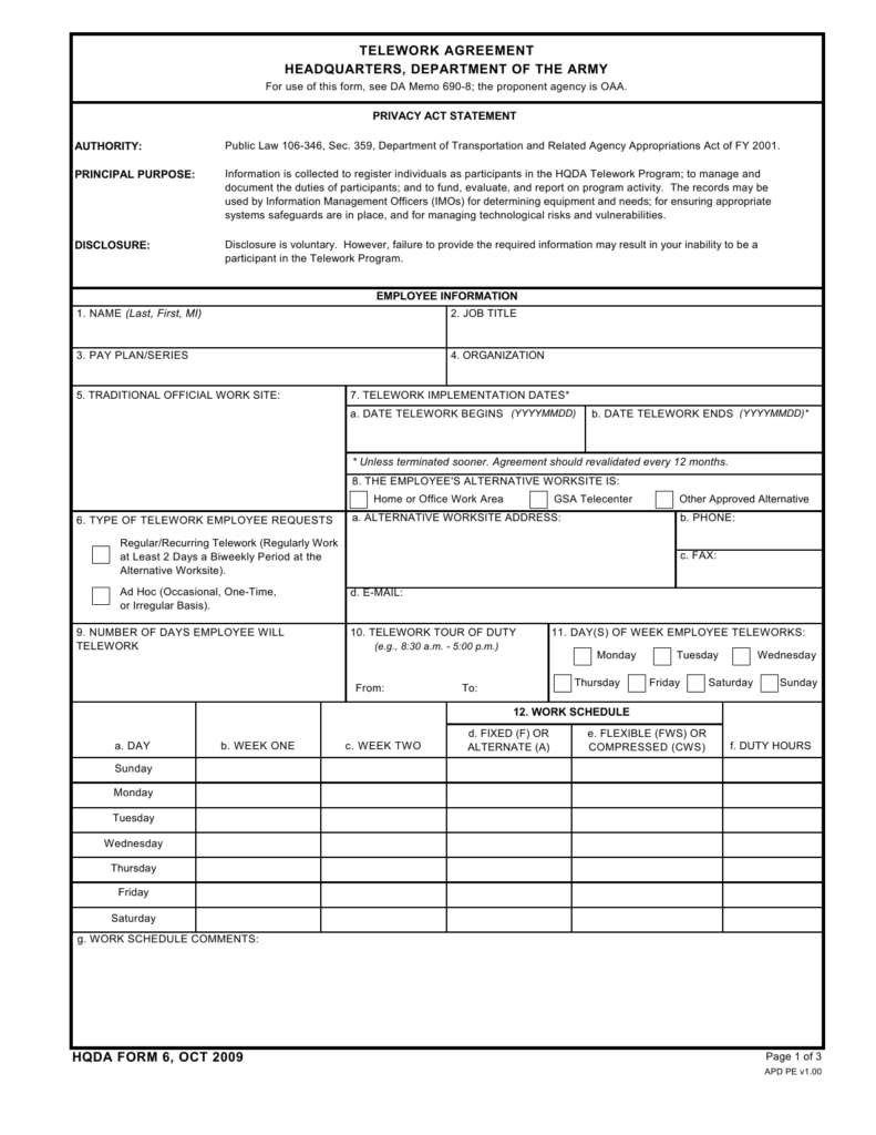 Download DA Form HQDA6 Telework Agreement Headquarters Department Of 