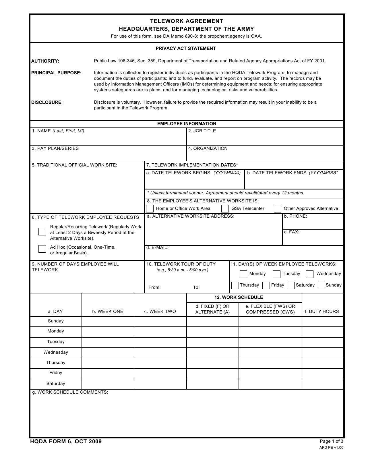 Download DA Form HQDA6 Telework Agreement Headquarters Department Of 