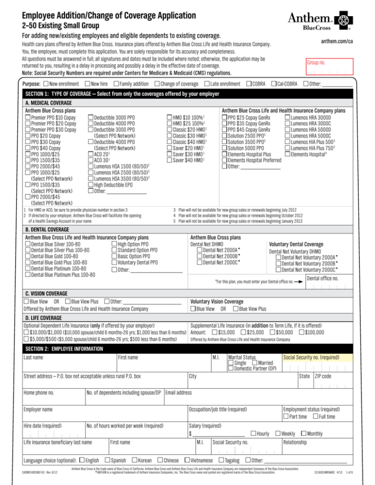 Employee Addition Change Of Coverage Application