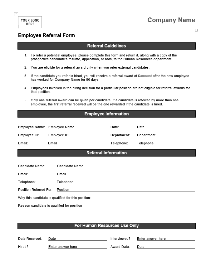 Employee Referral Form Free Word Templates