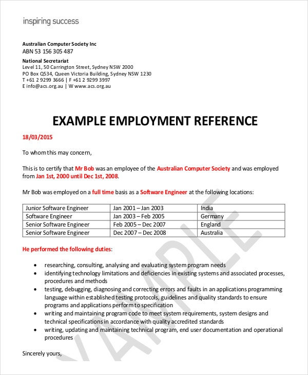 Employment Reference Letter 11 Free Word Excel PDF Documents 