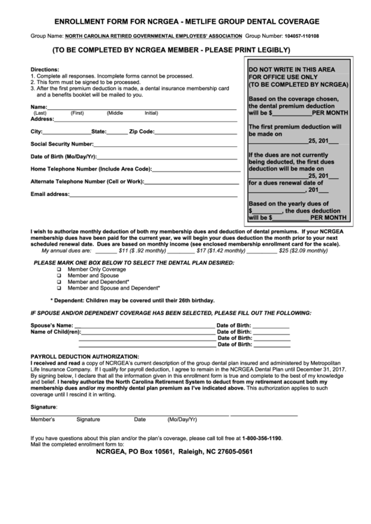 Enrollment Form For Ncrgea Metlife Group Dental Coverage Printable