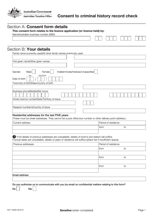 Fillable Consent To Criminal History Record Check Printable Pdf Download