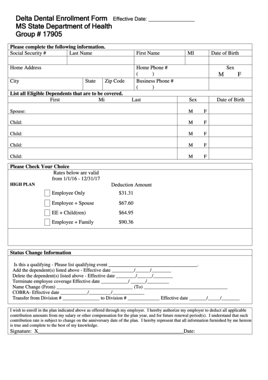 Fillable Delta Dental Enrollment Form Printable Pdf Download