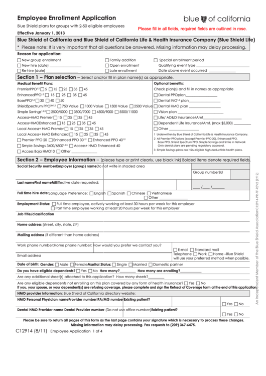 Fillable Form C12914 Employee Enrollment Application Blue Shield Of