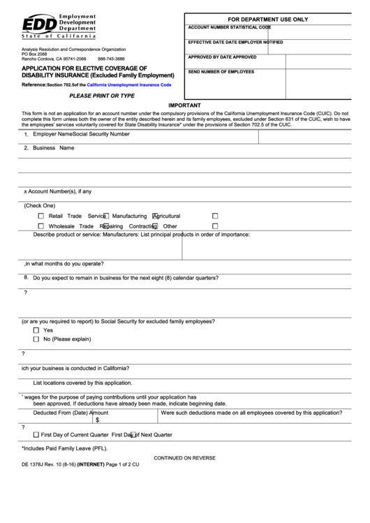 Fillable Form De 1378j Application For Elective Coverage Of 