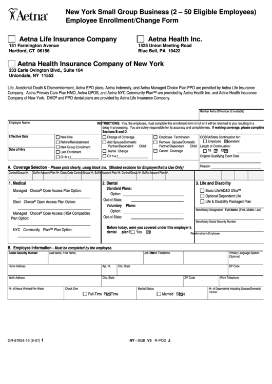 Fillable Form Gr 67834 16 Employee Enrollment change Form Aetna