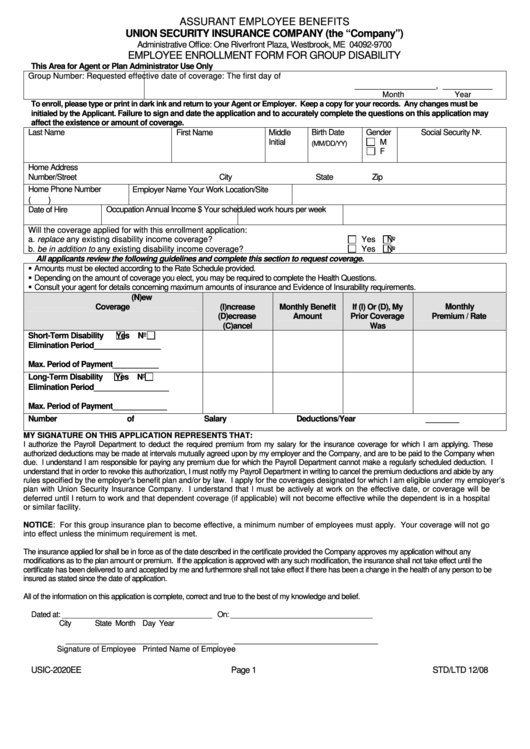 Fillable Form Usic 2020ee Employee Enrollment Form For Group 