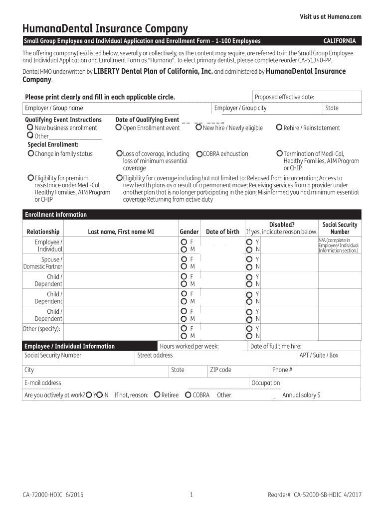 Fillable Online Employee Application Small Group DHMO Rogers Benefit