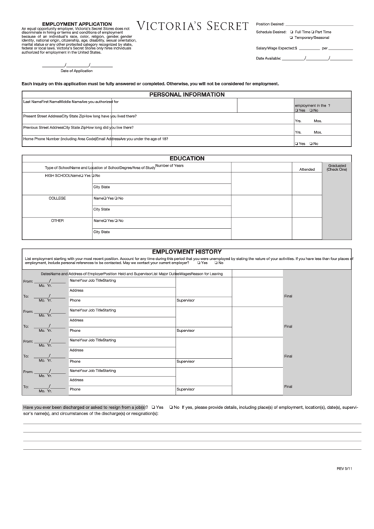 Fillable Victoria S Secret Employment Application Form Printable Pdf