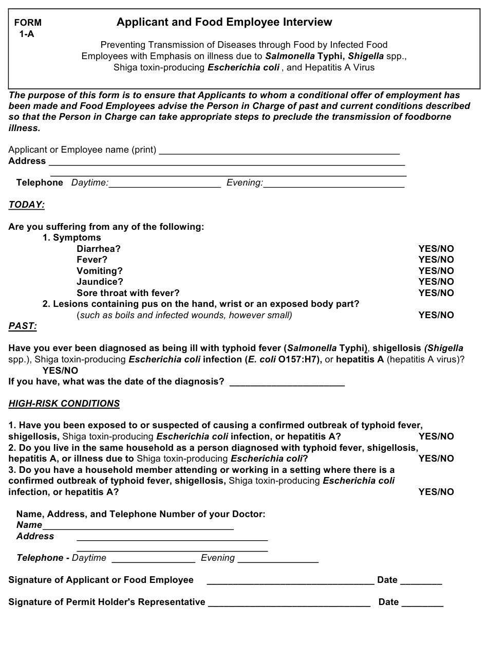 Form 1 A Download Printable PDF Or Fill Online Applicant And Food