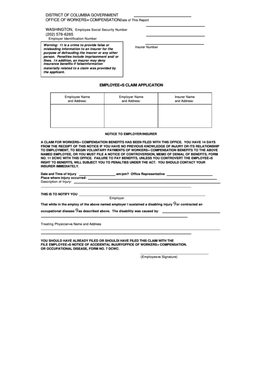 Form 7a Dcwc Employee S Claim Application District Of Columbia