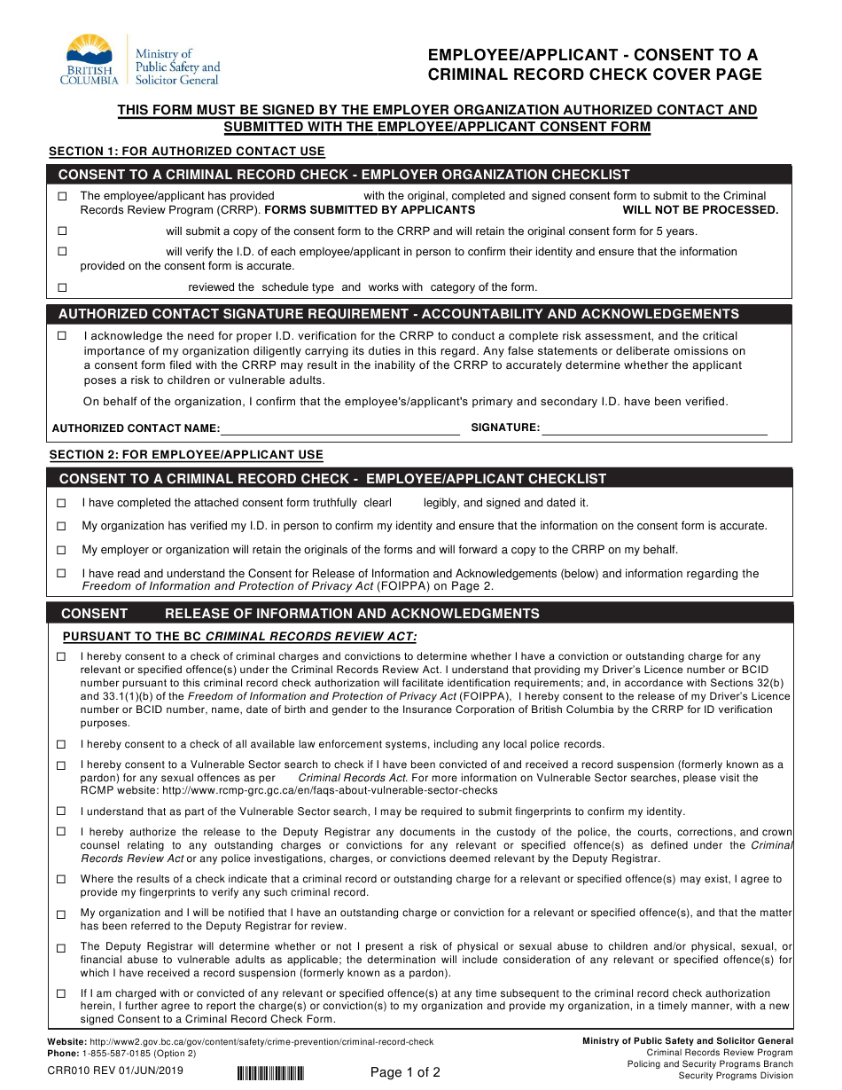 Form CRR010 Download Fillable PDF Or Fill Online Employee Applicant