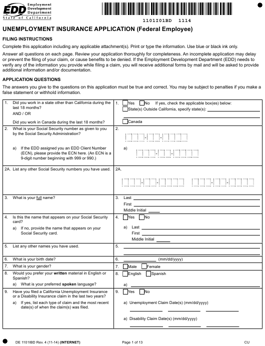 Form DE1101IBD Download Fillable PDF Or Fill Online Unemployment 