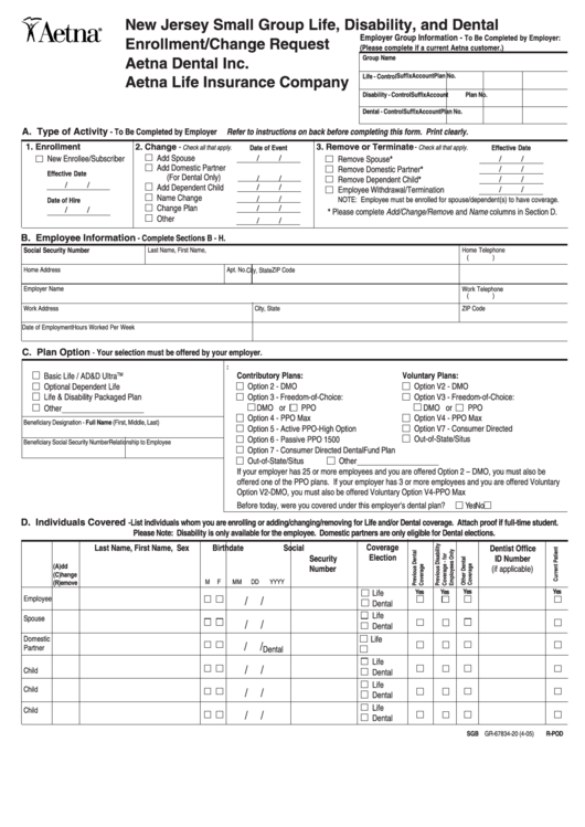 Form Gr 67834 20 Aetna Enrollment Change Request Printable Pdf Download