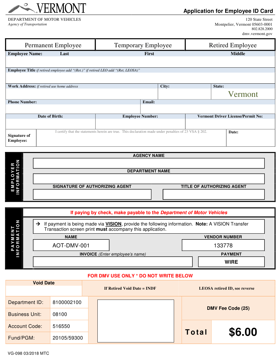 Form VG 098 Download Fillable PDF Or Fill Online Application For